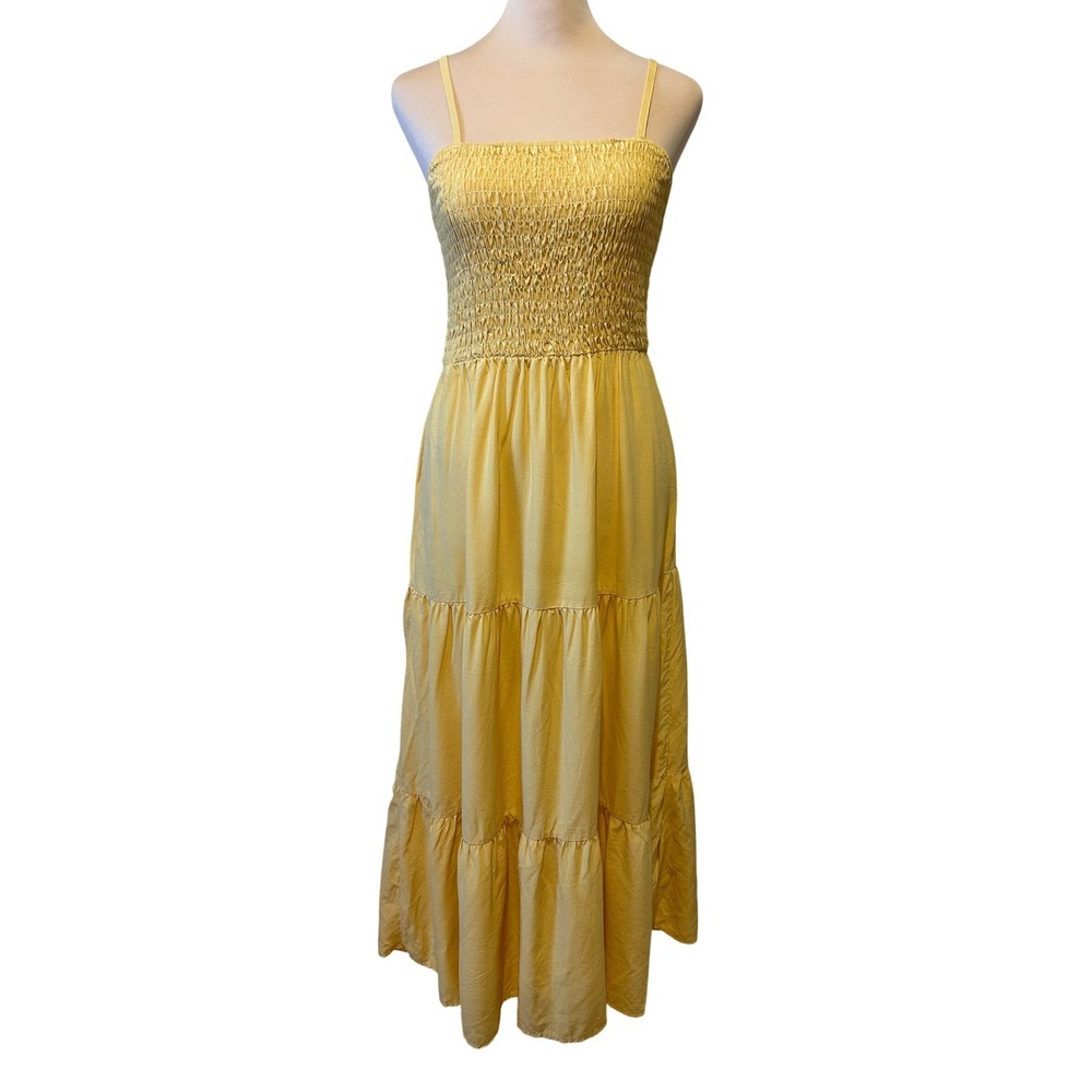 PrettyGarden Maxi Dress Size S Butter Yellow Smocked Tiered Boho Sun Dress Layer